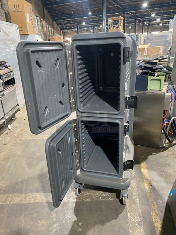 Cambro Pro Cart Ultra insulated pan carrier, charcoal gray, non-electric, dual passive compartments, new condition, on casters.