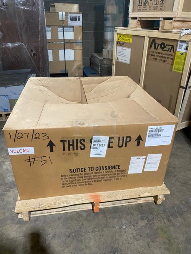 Brand new Vulcan Achiever Series stainless steel char broiler, model VACB36-101, in packaging with visible labels.