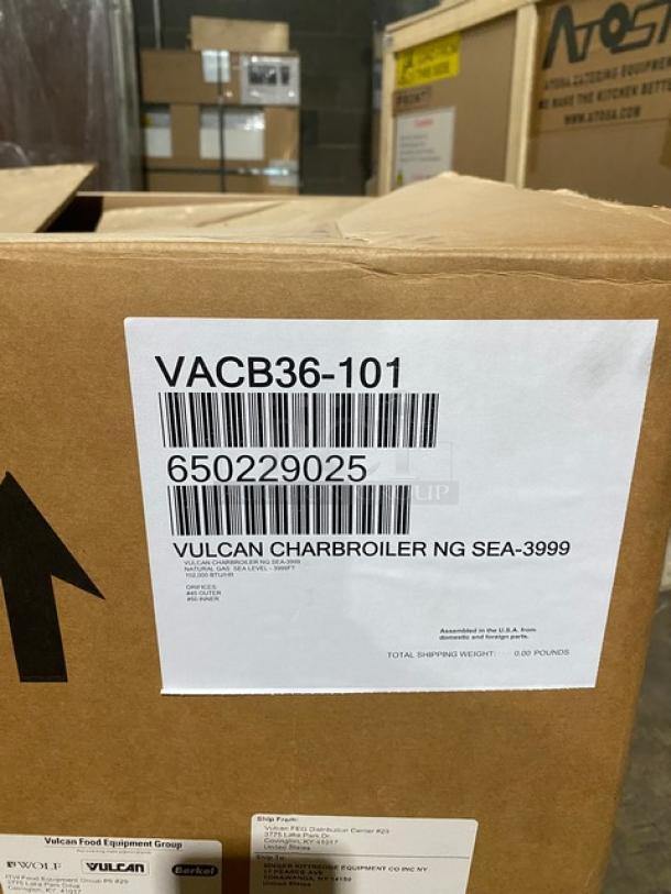 Brand new Vulcan VACB36101 commercial char broiler in box, natural gas, stainless steel, cast iron diamond grates. SN: 650229025.