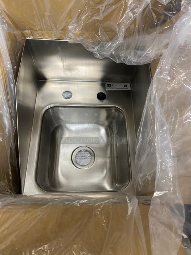 Brand new John Boos stainless steel drop-in sink, 9"x9", 5" deep. Model PB-DISINK090905-SSLR, with visible labels.