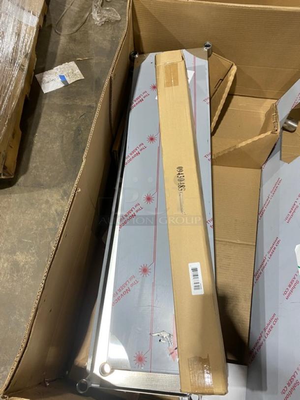 Brand new John Boos stainless steel worktop table and over shelf in packaging. Includes Pro-Bowl drop-in sink.