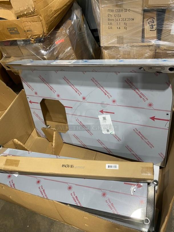 Brand new John Boos stainless steel worktop table, model ST6R53048SBK, with a 48"x12" double over shelf, model OSE26FK-1248, and Pro-Bowl 9"x9" sink, model PB-DISINK090905-SSLR.