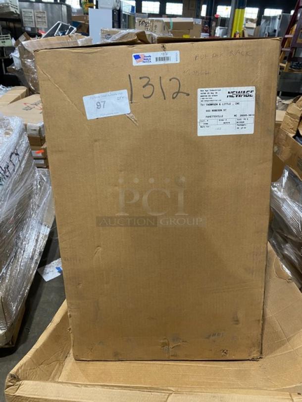 New Age Industries Model 1312 bun/sheet pan rack in box. Features: aluminum, half-size, open top, end load, with casters. Brand new condition.