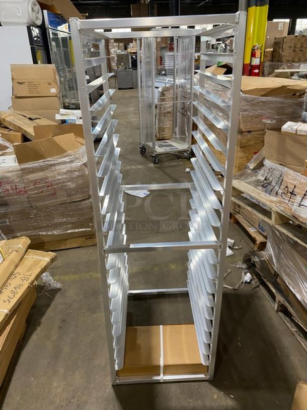 Brand new New Age Industrial aluminum 20-pan end load rack, Model 6331, on casters. Ideal for commercial use.