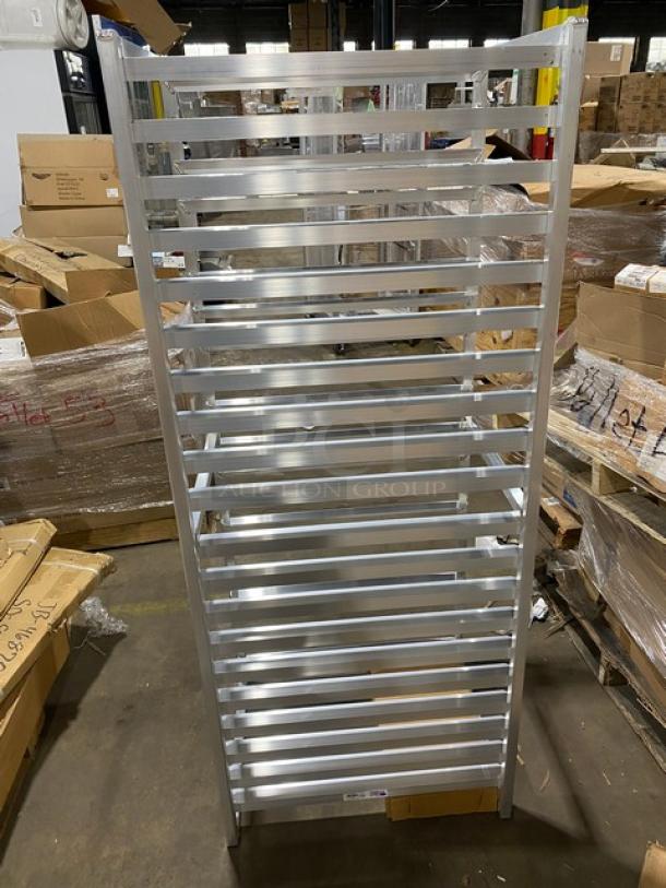 New Age Industrial 20-Pan End Load Aluminum Rack, Model 6331, brand new, on casters for easy mobility.
