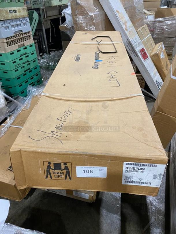 Brand new Cambro Camshelving 4-tier shelf kit in box, model CPU186072V4480. Speckled gray, vented shelves.