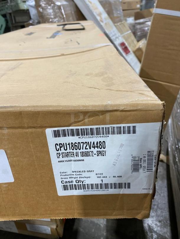 Brand new Cambro Camshelving Series 4-tier premium shelf kit, model CPU186072V4480, speckled gray with vented shelves.