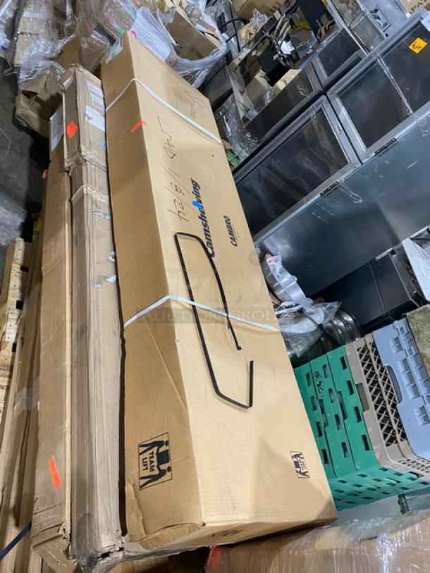 Brand new Cambro Camshelving Series CPU186072V4480 in box, speckled gray, 4-tier vented shelves, premium commercial quality.