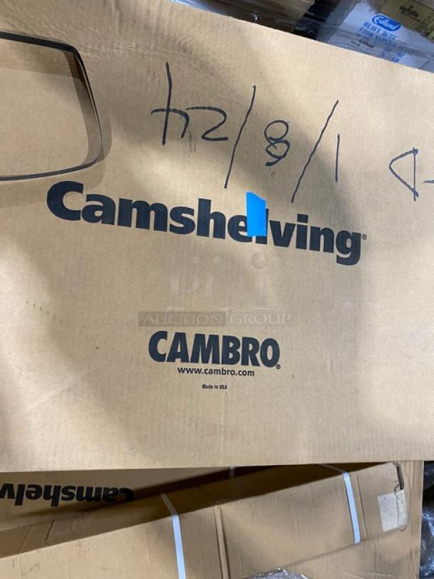 Brand new Cambro Camshelving Series 4-Tier Premium Shelf Kit, speckled gray, model CPU186072V4480, vented shelves.