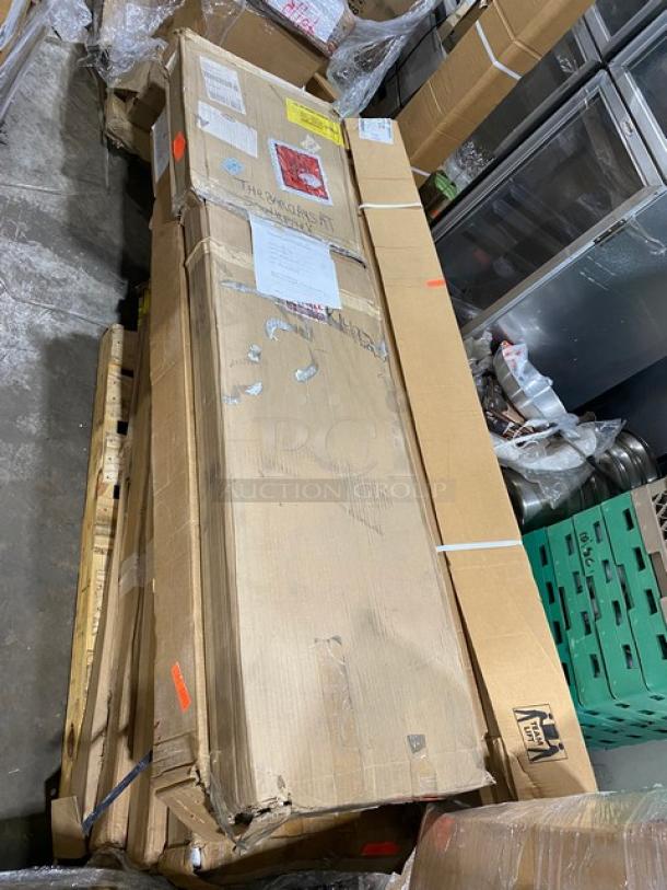Brand new Hatco Glo-Ray Series GRAH60D infrared warmer, 60" aluminum, 120V, in original packaging, model and serial numbers visible.