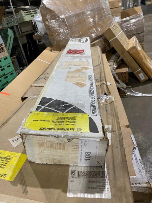 Brand new Hatco Glo-Ray Series 60" infrared warmer, model GRAH-60, in packaging. Serial number 9625051708, 120V 1 Phase.