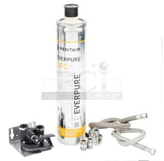 BRAND NEW T&S BWFK Water Filtration Kit with fittings, braided flex hose, and Pentair Everpure 4FC filter.