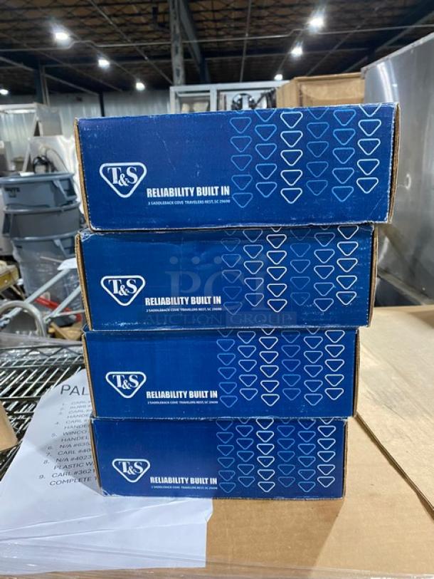 Brand new T&S Model B0529 wall-mount swivel gooseneck faucet. Chrome plated, commercial quality, four boxed units shown.