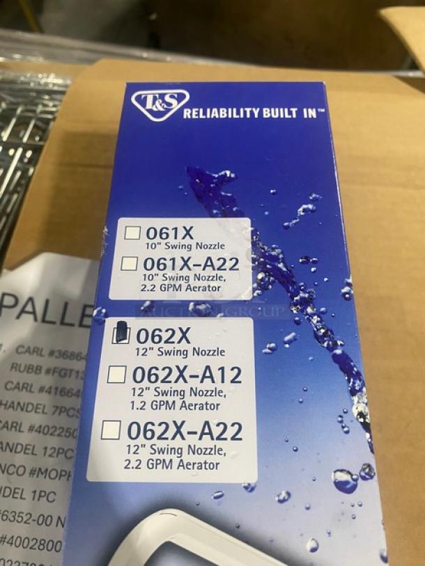 BRAND NEW T&S Model 062X 12" Swing Nozzle, chrome plated. Box indicates reliability and flow specs. 