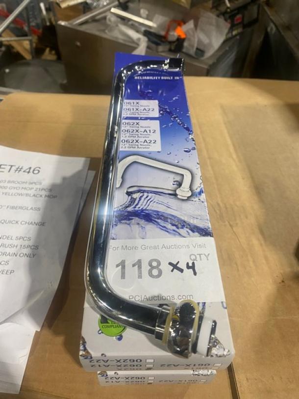 BRAND NEW T&S 12" swing nozzle, chrome-plated, model 062X, in original packaging, ideal for commercial use.