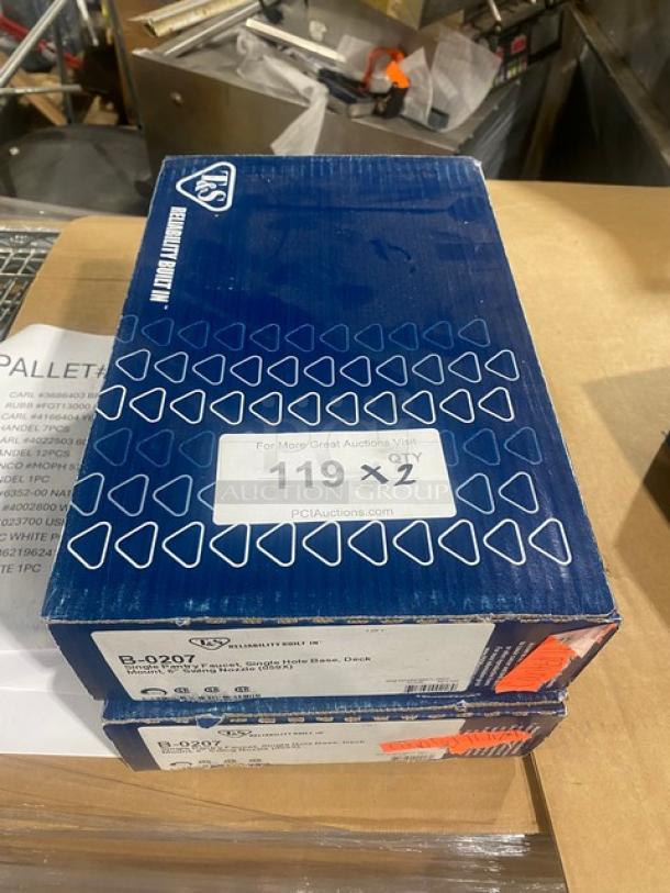 Brand new T&S B-0207 commercial chrome deck mount pantry faucet with 6" swing nozzle in original packaging.