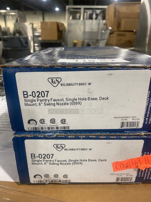 T&S B-0207 chrome deck mount single hole pantry faucet with 6" swing nozzle, new in box. Model label visible.
