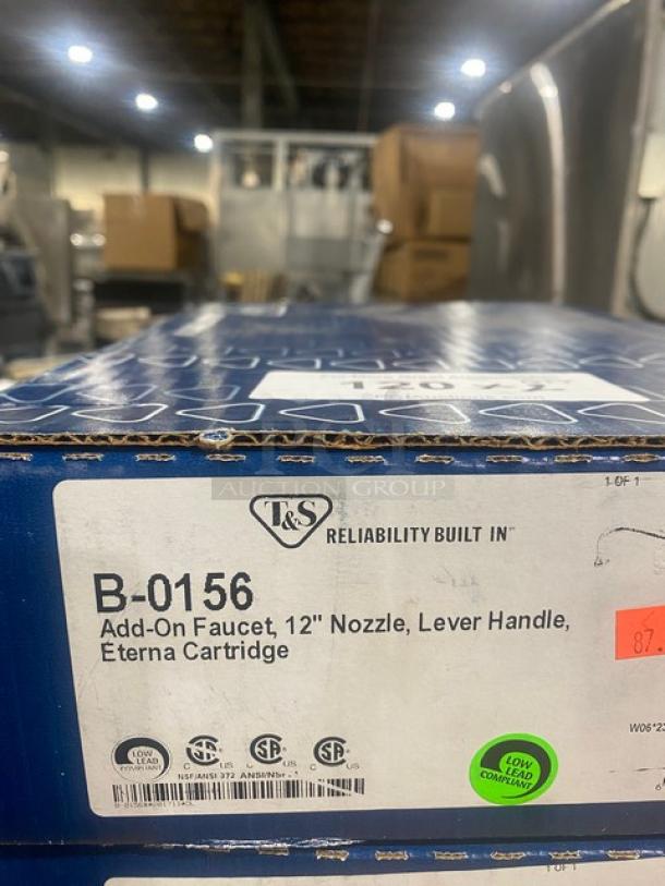 BRAND NEW T&S Commercial Chrome Plated 12" Add-On Faucet, Model B-0156, in original packaging. Features lever handle and Eterna cartridge.