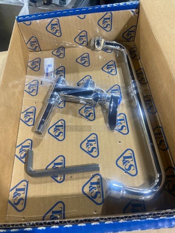 Brand new T&S Chrome Plated 12" Add-On Faucet, Model B-0156 and B-0156-EZ, in original packaging with T&S branding.