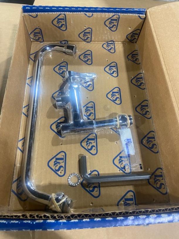 Brand new T&S Chrome Plated 12" Add-On Faucet, Model B-0156/B-0156EZ, shown in packaging with installation components.