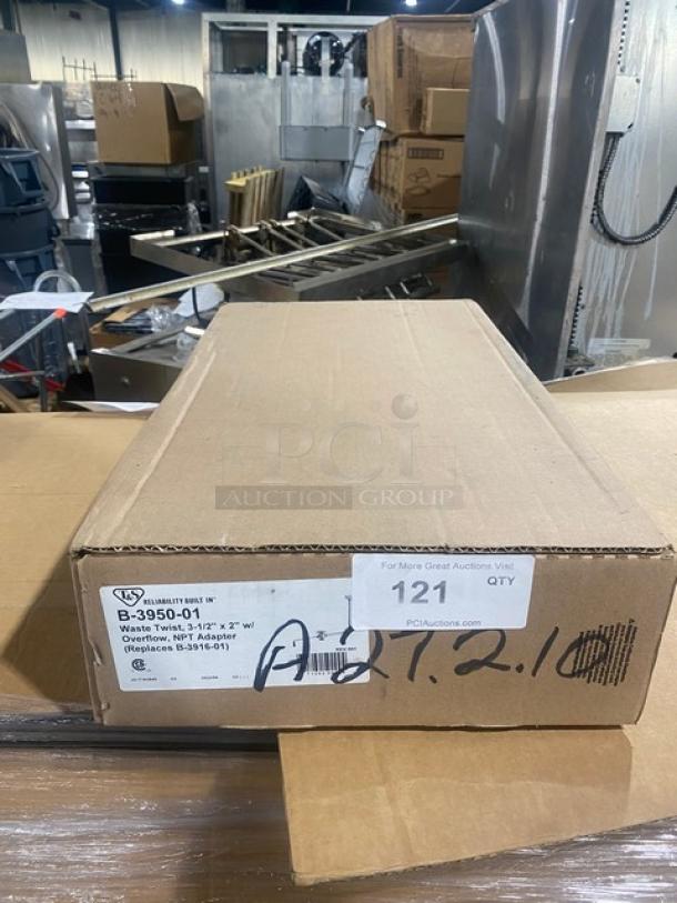 Brand new T&S B-3950-01 waste drain in box. Features twist lever, snap-in strainer, overflow tube. Box labeled with model.