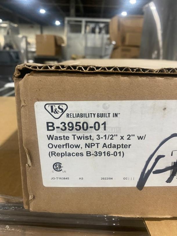 BRAND NEW T&S Waste Drain B-3950-01 with twist lever, removable strainer, overflow tube, and chrome finish in original box.
