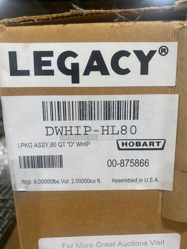 Brand new Hobart Legacy Series 80 Qt. Wire Whip Attachment, Model DWHIP-HL80, stainless steel, in original packaging.