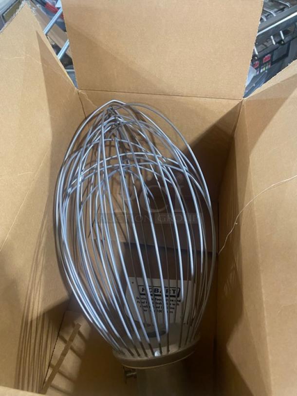 Brand new Hobart Legacy Series 80 Qt. wire whip attachment, model DWHIP-HL80, stainless steel, in box.