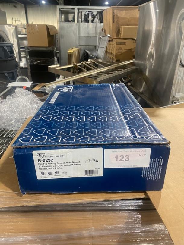 Brand new T&S B-0292 commercial faucet in box; chrome-plated, wall-mount, 24" double joint swing nozzle, Big-Flo model.