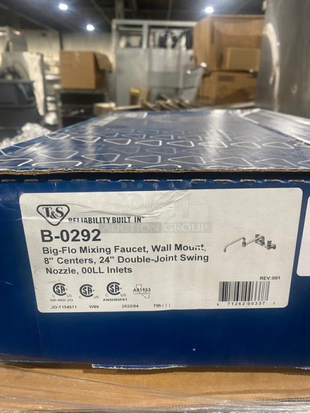 Brand new T&S Big-Flo mixing faucet, model B-0292, wall mount, chrome plated, with 24" double joint swing nozzle.