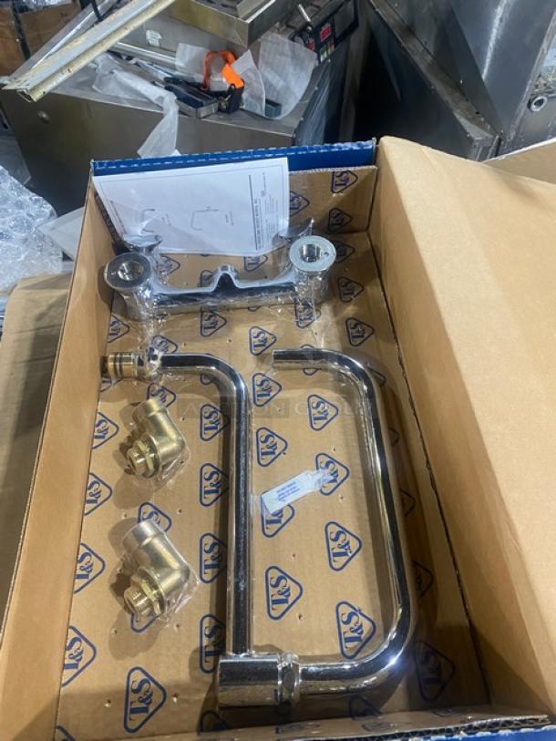 BRAND NEW T&S Commercial Chrome Plated Wall Mount Big-Flo Mixing Pot/Kettle Faucet, Model B-0292, with 24" double joint swing nozzle in original packaging.