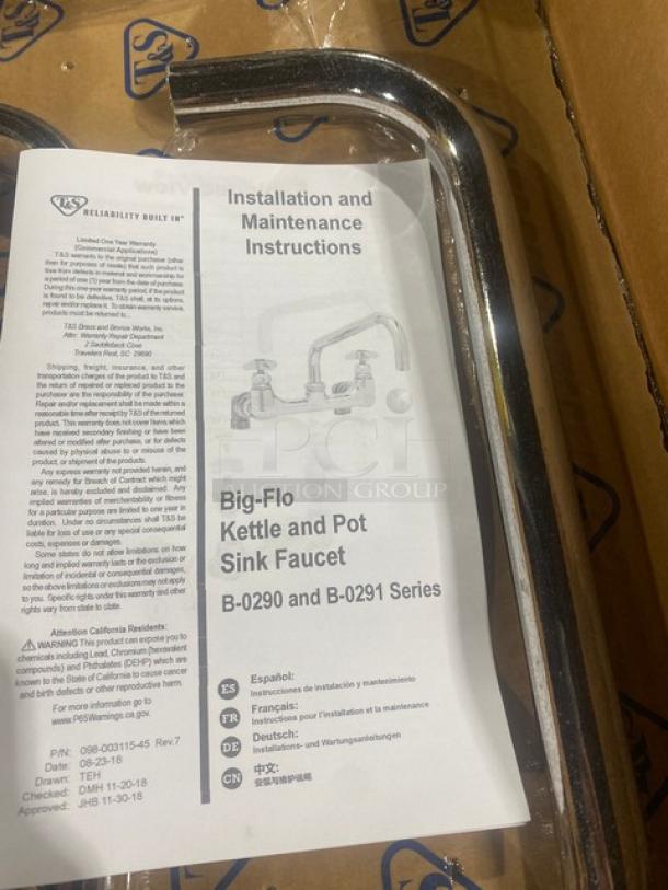 BRAND NEW T&S Commercial Chrome Wall Mount Big-Flo Mixing Pot/Kettle Faucet, Model B-0292, with 24" Double Joint Swing Nozzle.