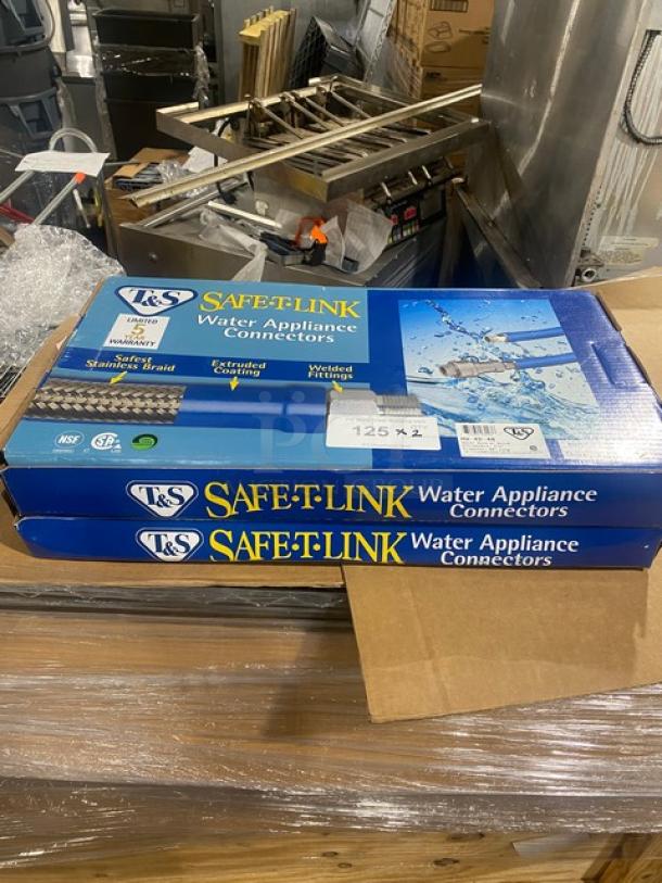 Two boxes of T&S Safe-T-Link commercial 48" quick connect water hose, model HW4D48, brand new in original packaging.
