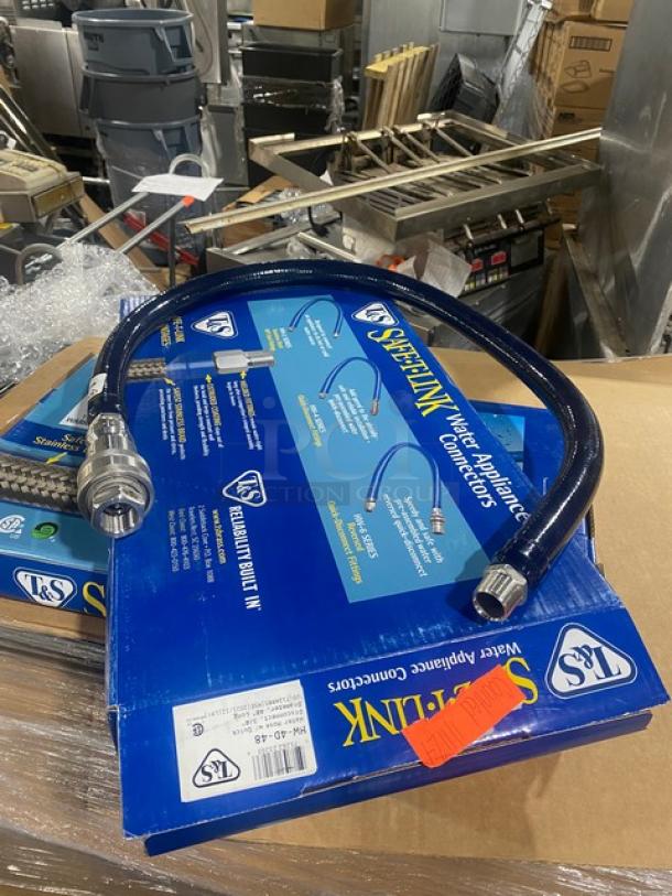 Brand new T&S Safe-T-Link HW-4D-48 commercial 48" water hose with quick connect/disconnect feature in original packaging.