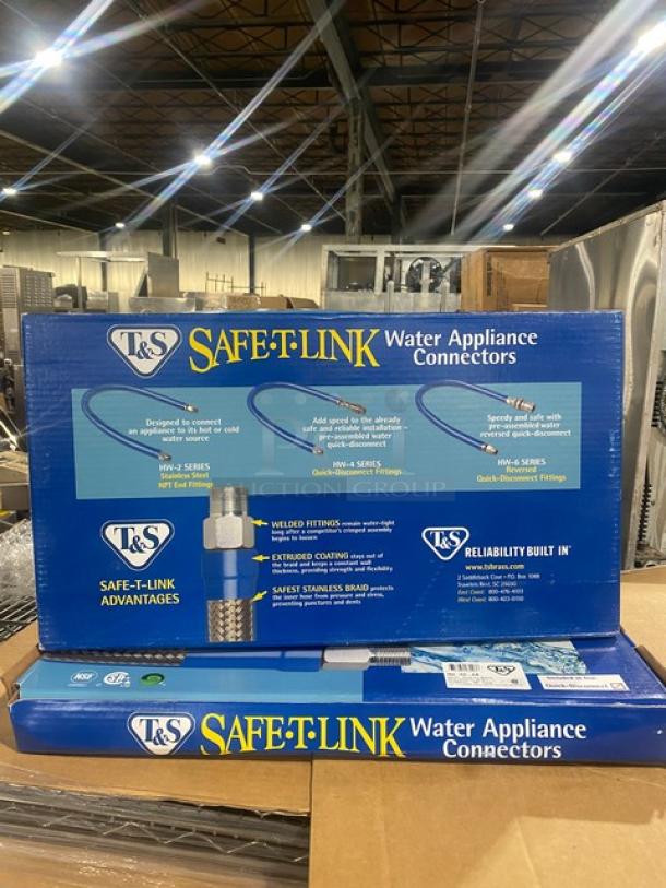 Brand new T&S Safe-T-Link Series HW-4D-48 commercial 48" quick connect/disconnect water hose in packaging.