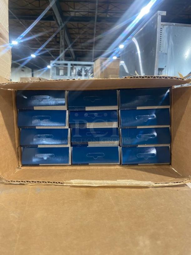 Box of T&S Commercial Chrome Plated 12" Swing Nozzles, Model 062XM, new condition, twelve units in packaging.
