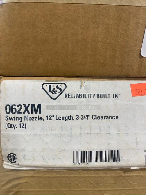 BRAND NEW T&S 062XM Chrome Plated 12" Swing Nozzle, 3-3/4" Clearance, Box of 12. Packaging displays model and specifications.