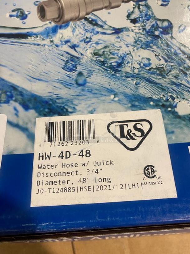 BRAND NEW T&S Safe-T-Link HW-4D-48 48" Quick Connect/Disconnect Water Hose, 3/4" Diameter, packaging shown.
