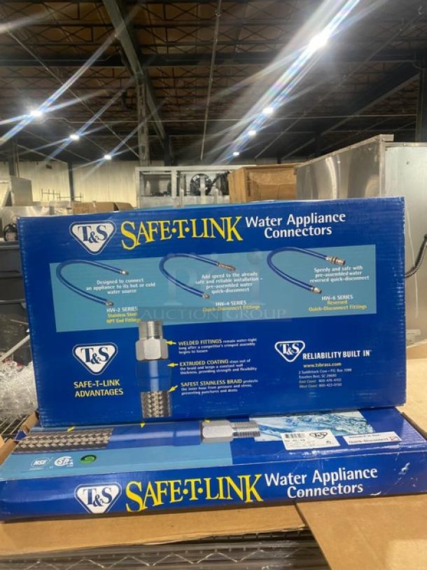 Brand new T&S Safe-T-Link Series 48" water hose, model HW-4D-48, in packaging. Quick connect/disconnect fittings.