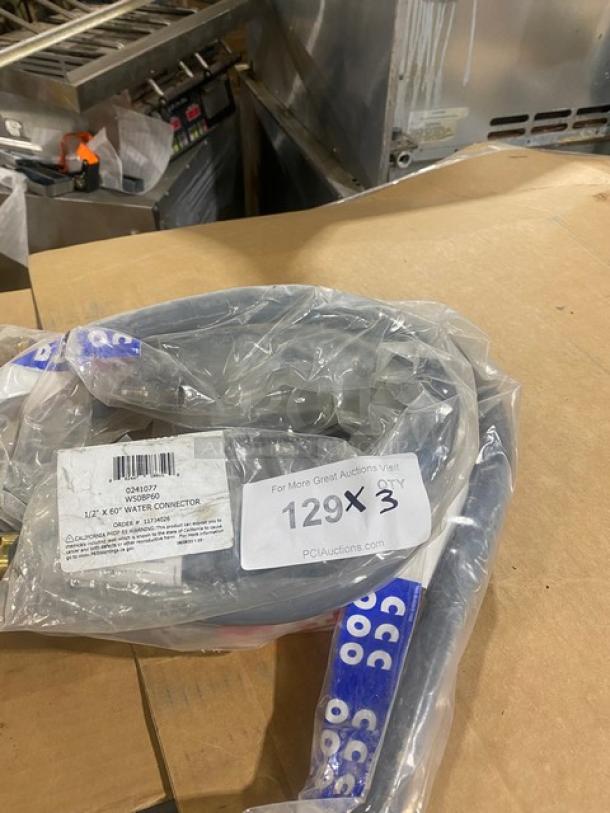 Dormont W50BP60 1/2" x 60" coated water connector hose, brand new in packaging, with auction label showing lot details.