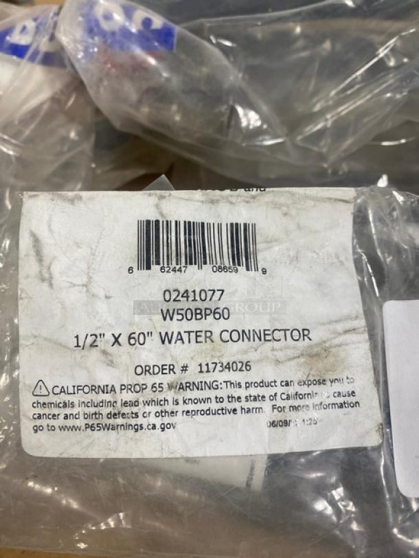 Brand new Dormont W50BP60 1/2" x 60" coated water connector hose in packaging, model info and warning label visible.