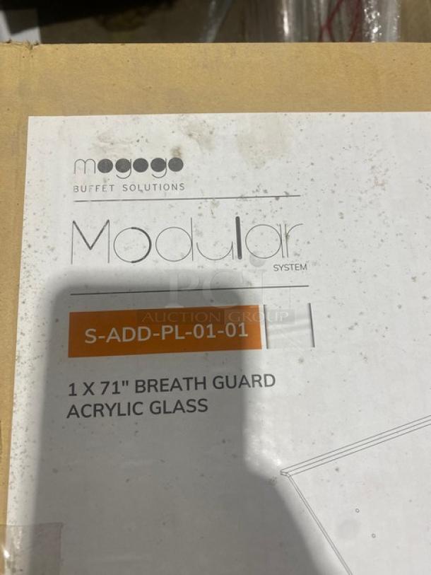 BRAND NEW Steelite Mogogo Buffet acrylic breath guard, model S-ADD-PL-01-01, 1" x 71", in original packaging.