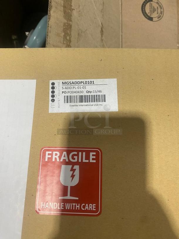 Brand new Steelite International Mogogo Buffet Sneeze Guard, Model SADDPL0101, with fragile handling label.