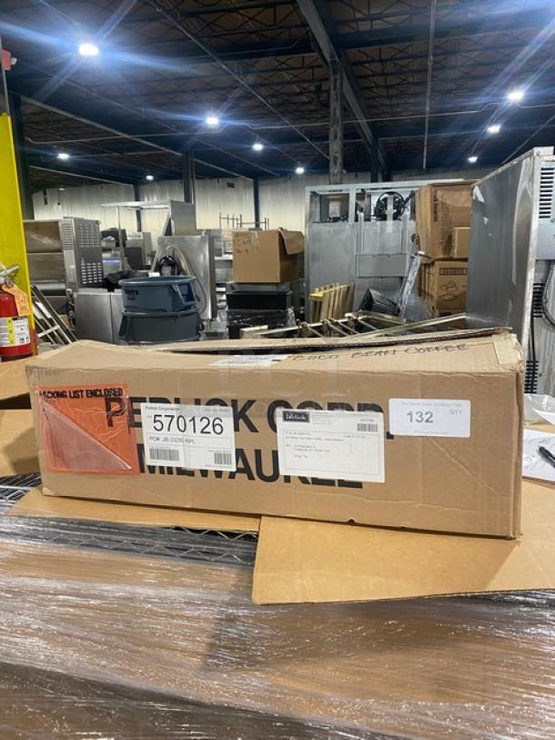 Brand new Perlick C18645A stainless steel drip tray with faucet coupling nut in original packaging, model details visible.
