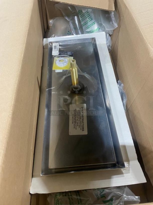 Perlick Model C18645A stainless steel top-mount drip tray with faucet coupling nut, brand new in original packaging.