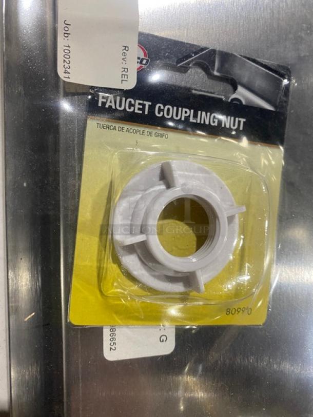 Brand new Perlick stainless steel top-mount drip tray/pan with faucet coupling nut, model C18645A, in packaging.