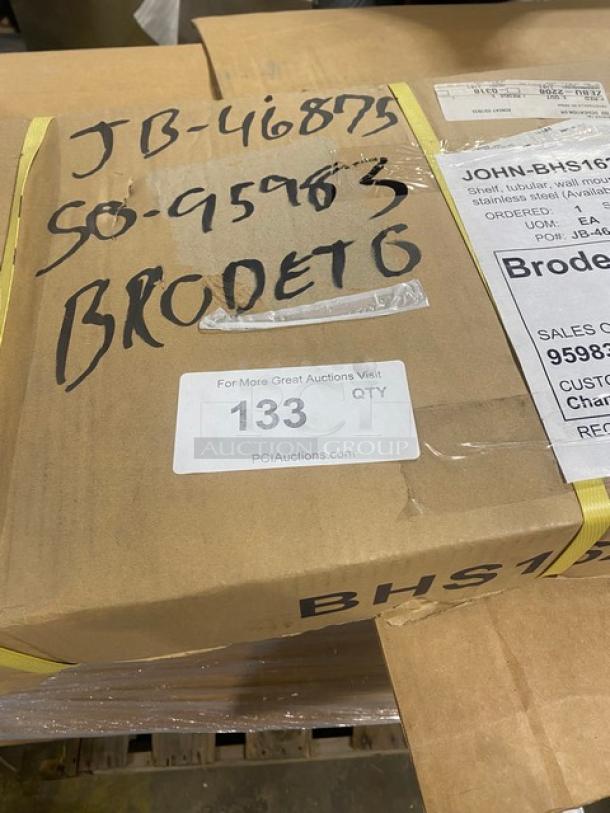 Brand new John Boos commercial stainless steel 24"x16" wall-mount shelf, model BHS1624T, in original packaging with labels.
