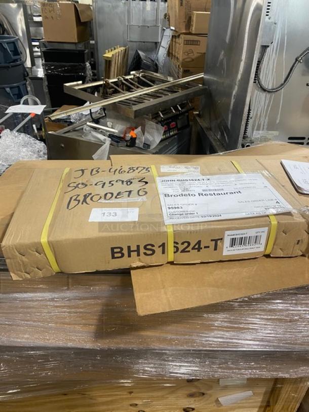 Brand new John Boos 24"x16" stainless steel wall-mount shelf in box, model BHS1624-T, with support brackets.