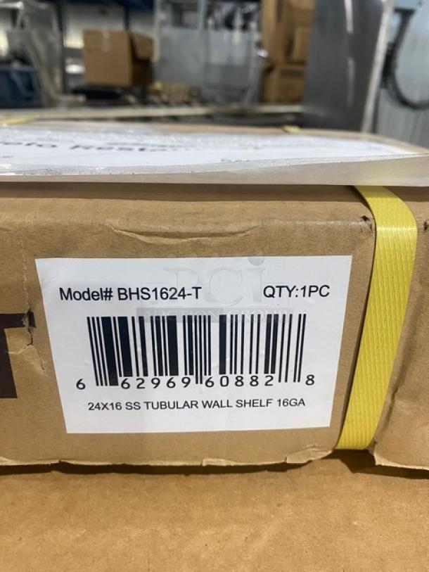 John Boos stainless steel wall-mount tubular shelf, model BHS1624T, new in box with support brackets, 24"x16".