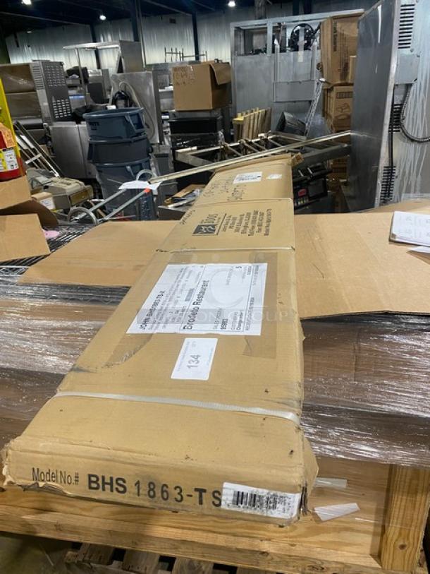 Brand new John Boos BHS1863TS stainless steel 63" x 18" tubular dishrack shelf in original packaging with support brackets.